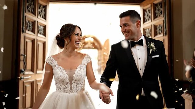 Newlywed couple exits a church, holding hands, beaming with joy and smiles. Confetti fills the air