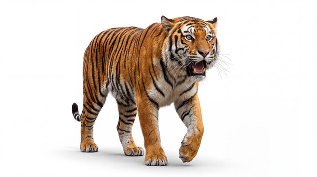 Tiger with an open mouth appears to be stalking its prey, isolated on a white background. The vivid stripes and powerful stance highlight the tiger's fierce nature. Image made using Generative AI.