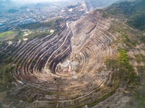 Aerial View of Large Open-Pit Mine in Asian Mountain Region