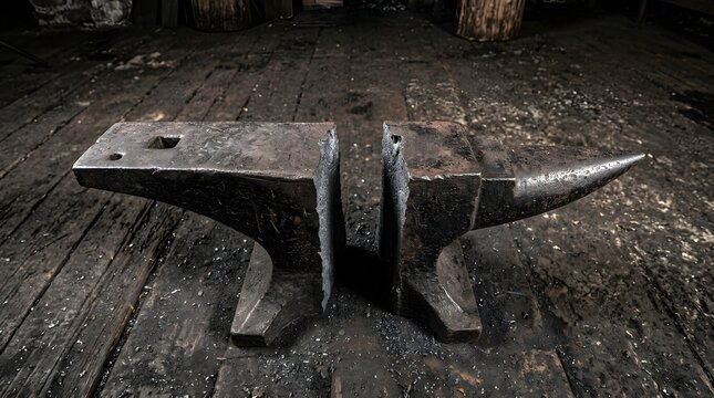 Iron blacksmith anvil split completely in half on a wooden floor illustrating the ultimate hammer strike and the dramatic end of a legendary crafting era