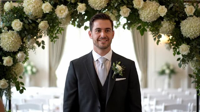 A smiling man in a suit stands under a floral archway. He has a tie and a boutonniere. The background is a white room