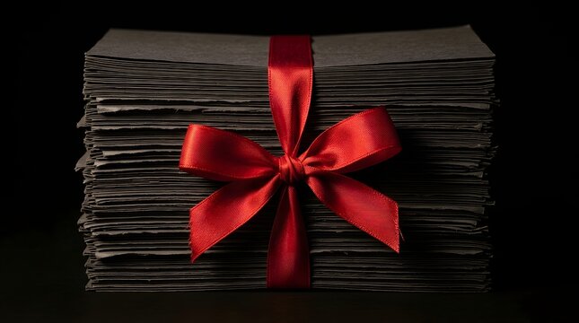 Stack of documents tied tightly with a red ribbon illustrating restrictive bureaucratic red tape and overwhelming financial debt