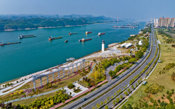 Yichang Riverside Square Aerial Photography: Lighthouse and Modern Architecture