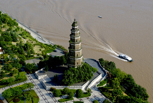 Ancient Pagoda on Yangtze River in Yichang, China - Aerial View