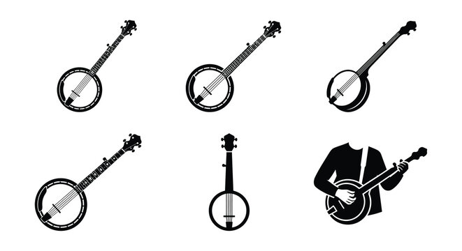 Black vector silhouettes of banjos in various positions and orientations