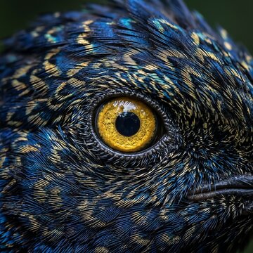 Extreme close up of a colorful bird eye with iridescent blue and gold feathers captured in soft natural lighting macro photography style