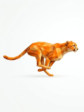 Running cheetah made of geometric polygons, side profile view, orange and yellow triangles, bright minimalist studio lighting, abstract modern art design