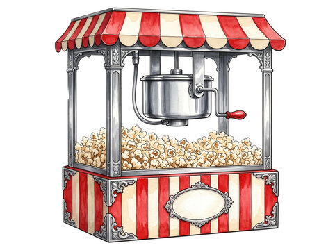 Vintage style popcorn machine with red and white stripes kitchen appliance movie theater snack maker carnival food freshly popped food service snack time hot snack as PNG element