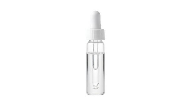 Clear glass dropper bottle with white cap, cosmetic serum vial for skincare branding, medical liquid pipette container on white background