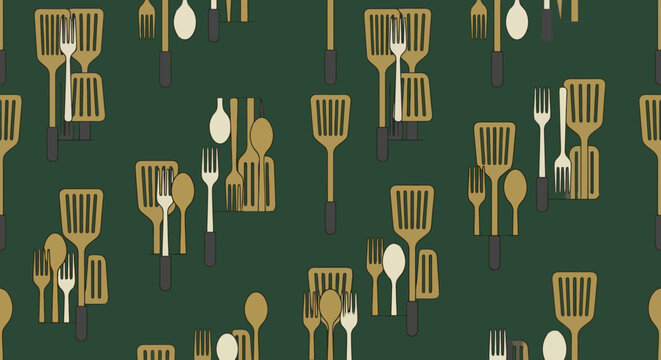 Seamless pattern with kitchen utensils forks spoons and spatulas on green