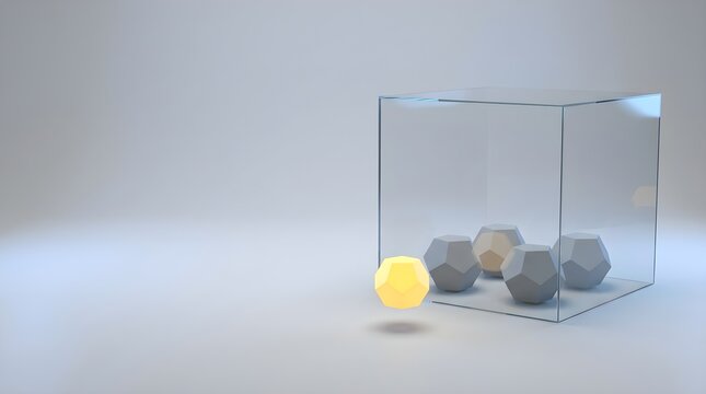 Yellow dodecahedron with gray polyhedrons inside a transparent cube