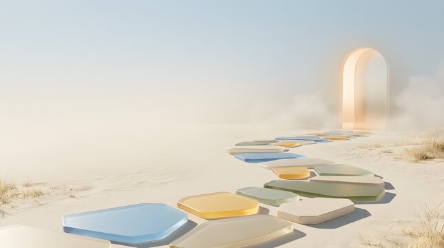 Colorful rectangular pools in desert landscape with arched structure in background