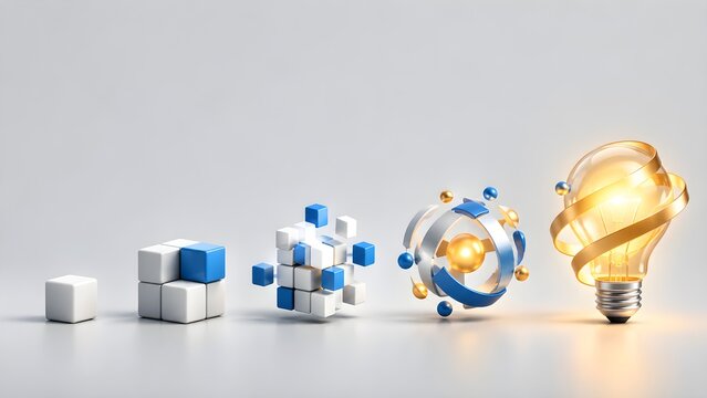 Creative process illustration from simple cube to glowing light bulb idea