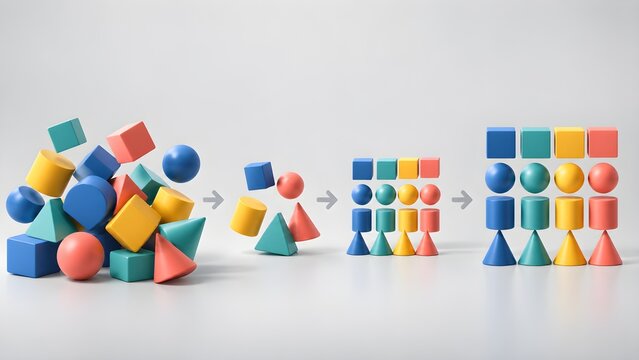 Colorful geometric shapes being sorted into organized grids and stacks