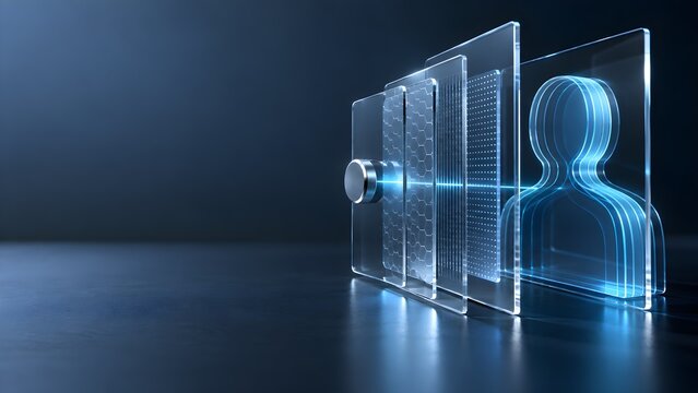 Futuristic digital silhouette of a person inside a transparent screen interface with glowing light