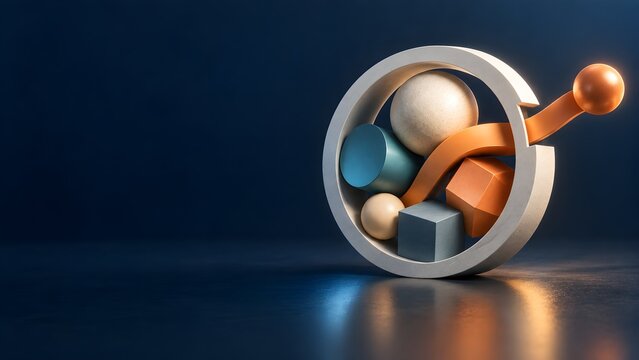 Colorful geometric shapes inside a circular metal frame on dark background
