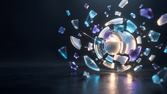 Shattered crystal fragments with prismatic light effects in dark space