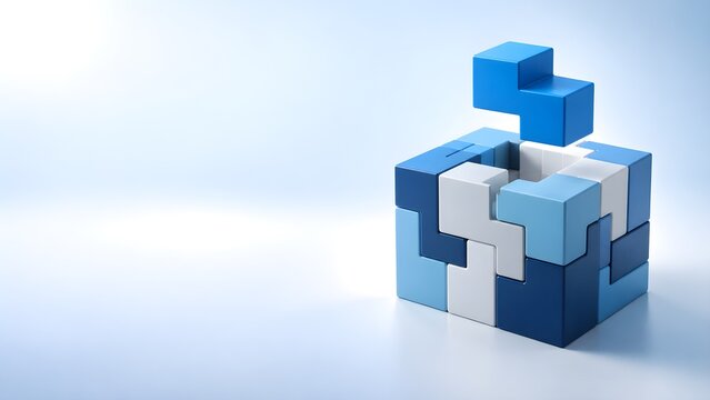 3d puzzle blocks forming a cube with missing piece on light gradient background