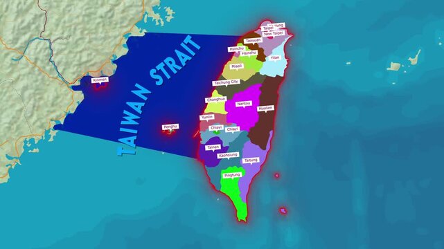 3D Animated Map of Taiwan Strait, Taiwan Counties, and China Administrative Regions