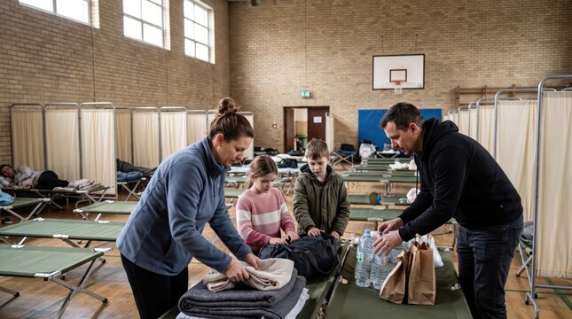 Family organizing essential supplies and blankets together inside a temporary emergency relief shelter gymnasium.