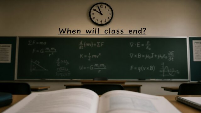 When will class end waiting photo from a student perspective with a chalkboard and physics equations