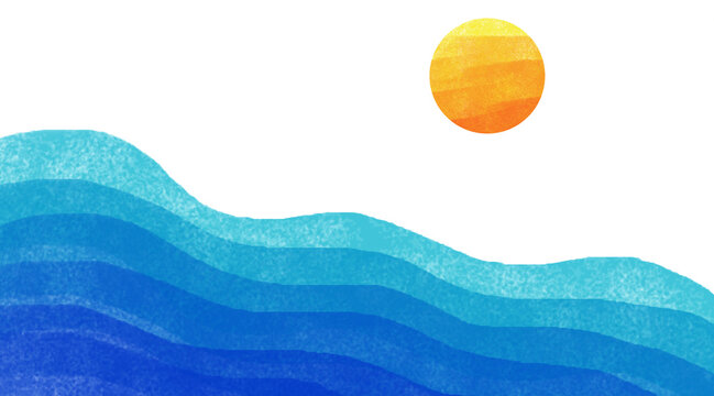 Layered blue and teal watercolor ocean waves rise with golden orange sun transparent, sea illustration for summer poster, travel banner, and greeting card.
