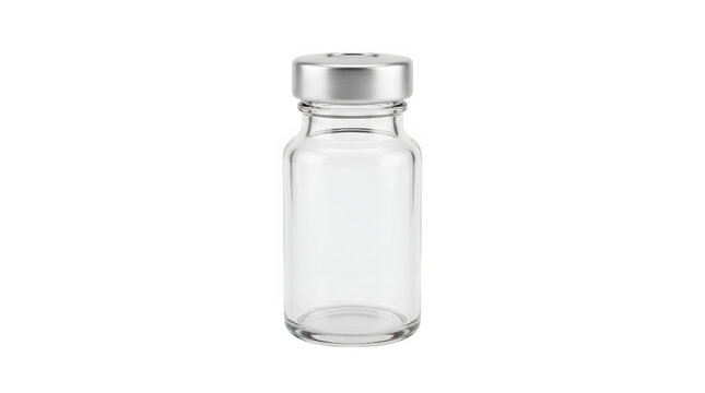 Medical glass vial with silver aluminum cap, empty pharmaceutical bottle for vaccine or injection, sterile laboratory glassware on white background