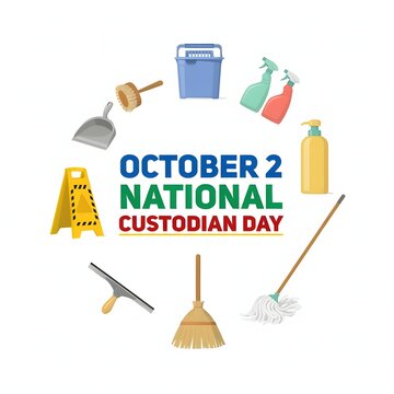 National Custodian Day October 2 colorful cleaning equipment illustration celebrating hardworking custodians professional sanitation workplace cleanliness maintenance services and dedication
