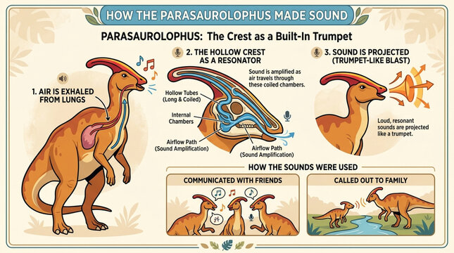 Parasaurolophus Dinosaur Anatomy Infographic Explaining Sound Production and Communication