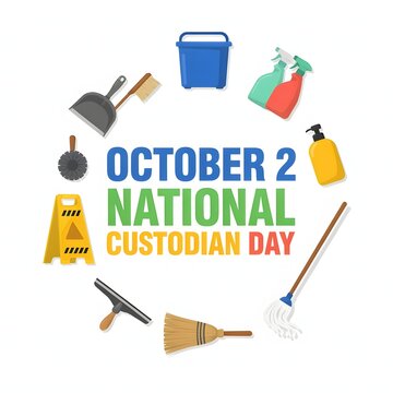 National Custodian Day October 2 colorful cleaning equipment illustration celebrating hardworking custodians professional sanitation workplace cleanliness maintenance services and dedication