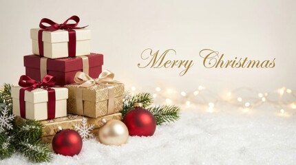 Obraz premium Festive Christmas gifts and ornaments arranged in the snow with warm lights