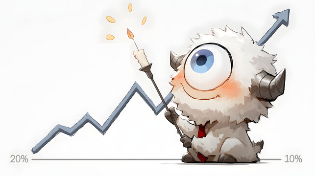 Cute fluffy one-eyed monster mascot holding candle with upward market trend line, financial investment growth concept.