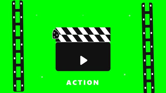 Clapperboard opening and closing against a vibrant green screen with film strips