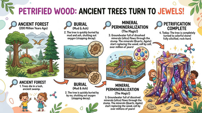 Educational Science Infographic Explaining the Process of Petrified Wood Formation for Kids