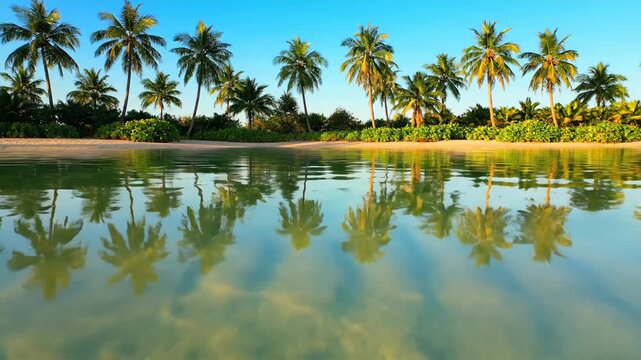 An idyllic beach scene features a line of palm trees, with their reflections mirrored in tranquil water. The sky is clear blue