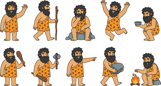 Stone Age Caveman Character Vector Illustration Set Featuring Various Poses Wearing Animal Skin Toga Holding Weapons and Cooking by Campfire
