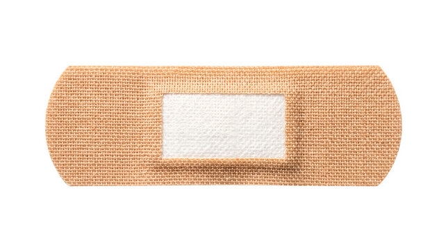 Adhesive bandage strip for medical first aid, beige flexible plaster with gauze pad, healthcare wound care supply on white background
