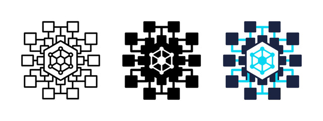 Fototapeta premium Blockchain network and decentralized data vector icon set featuring outline, solid black, and blue colored tech symbols