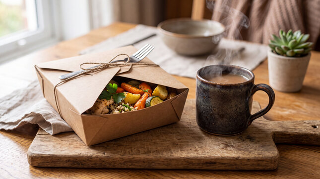 Cardboard takeout box with healthy meal and steaming cup on wooden table