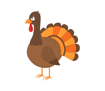 A cute and funny turkey character from the farm, illustrated in a cartoon vector style and set on a white background. This character is a symbol of Thanksgiving Day.