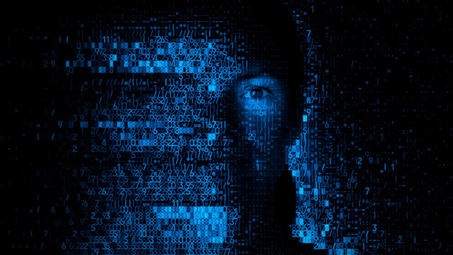 Human Face dissolving into Programming Code. Bot Detection Concept.