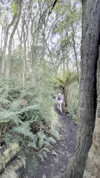 A girl hiker walks along the trail, admiring the dense, lush vegetation, on her way to the summit of Mount Macedon near Melbourne, Victoria, Australia.