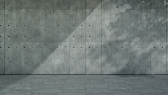 Vertical Concrete Panel Wall Background with Bare Tiled Floor, Strong Daylight and Overhanging Shadow. Product Placement Concept with copy-space.