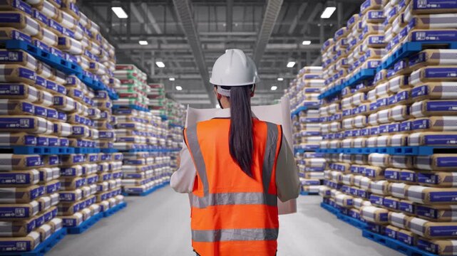 Back of Asian Female Engineer Looking At Blueprint In His Hands While Walking at Warehouse Stacked Cement Bags Pallets