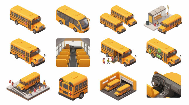 Isometric Yellow School Bus Collection in Various Scenes.