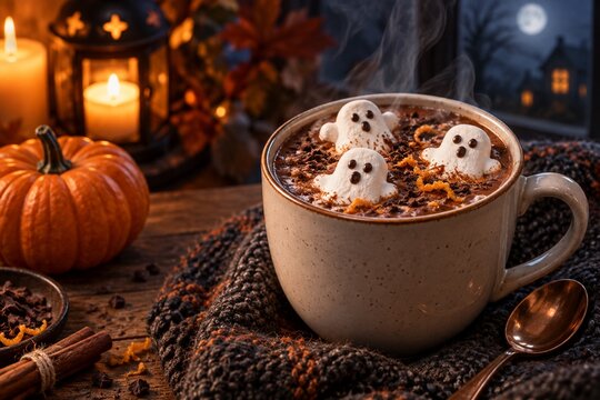 Ghost marshmallow hot chocolate for Halloween