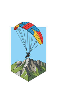 Vector illustration emblem of a paraglider flying above sharp mountain peaks in a blue sky