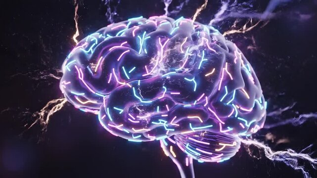 A rotating translucent brain shows neural pathways illuminated by moving neon lights, with electrical arcs in the dark background. This animation uses glowing materials and particle effects.