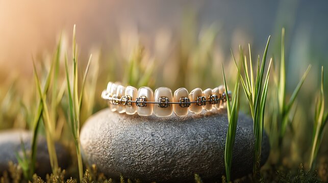 Dental braces on a stone with grass representing orthodontic treatment and a healthy smile perfect for dental care and medical concepts