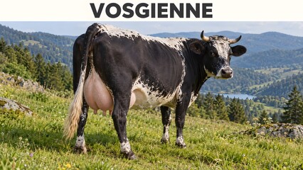 Naklejka premium Hardy Vosgienne cattle from France, known for black-white markings and mountain dairy-beef farming.